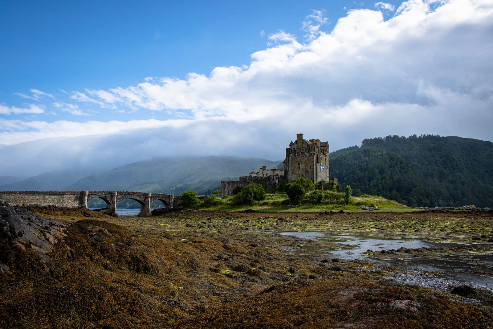 Eilean Donan Castle on a loch in the Scottish Highlands