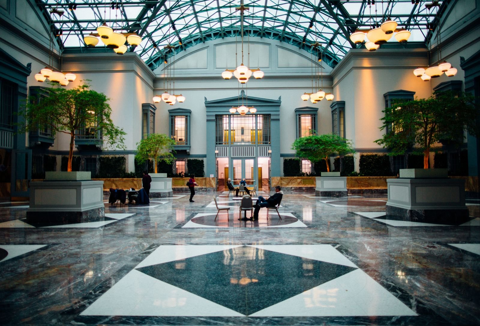 Spacious modern hotel lobby with elegant lighting