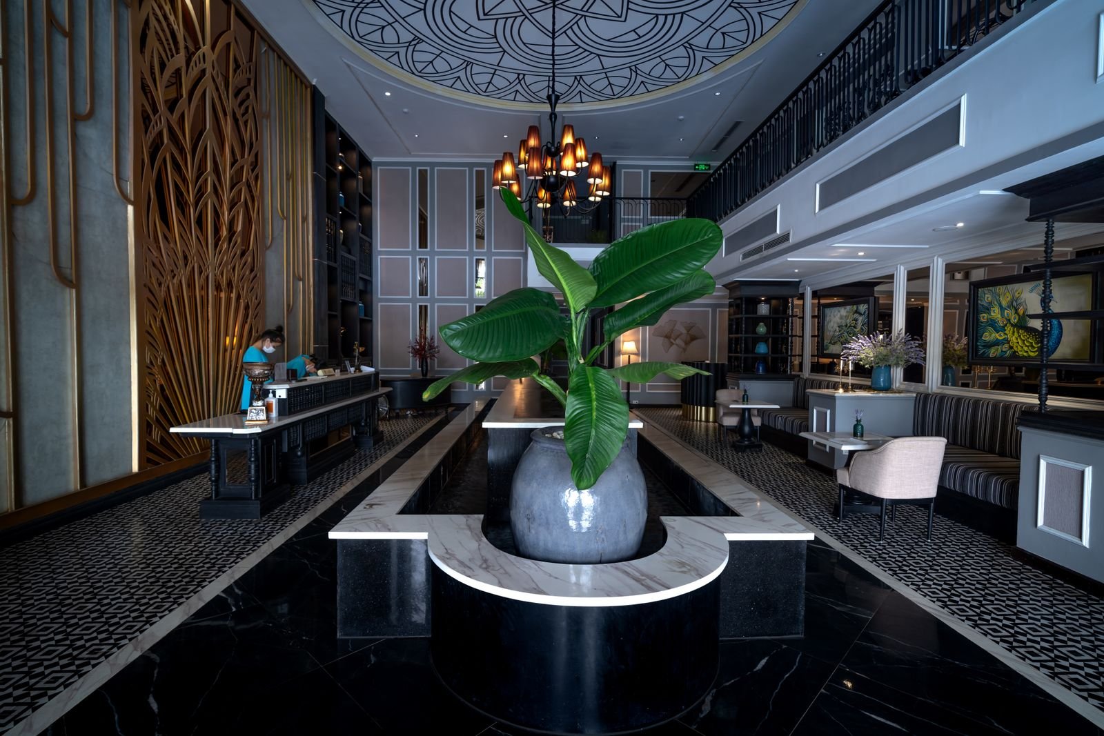 Luxury hotel lobby with chandeliers, where prices shift with demand