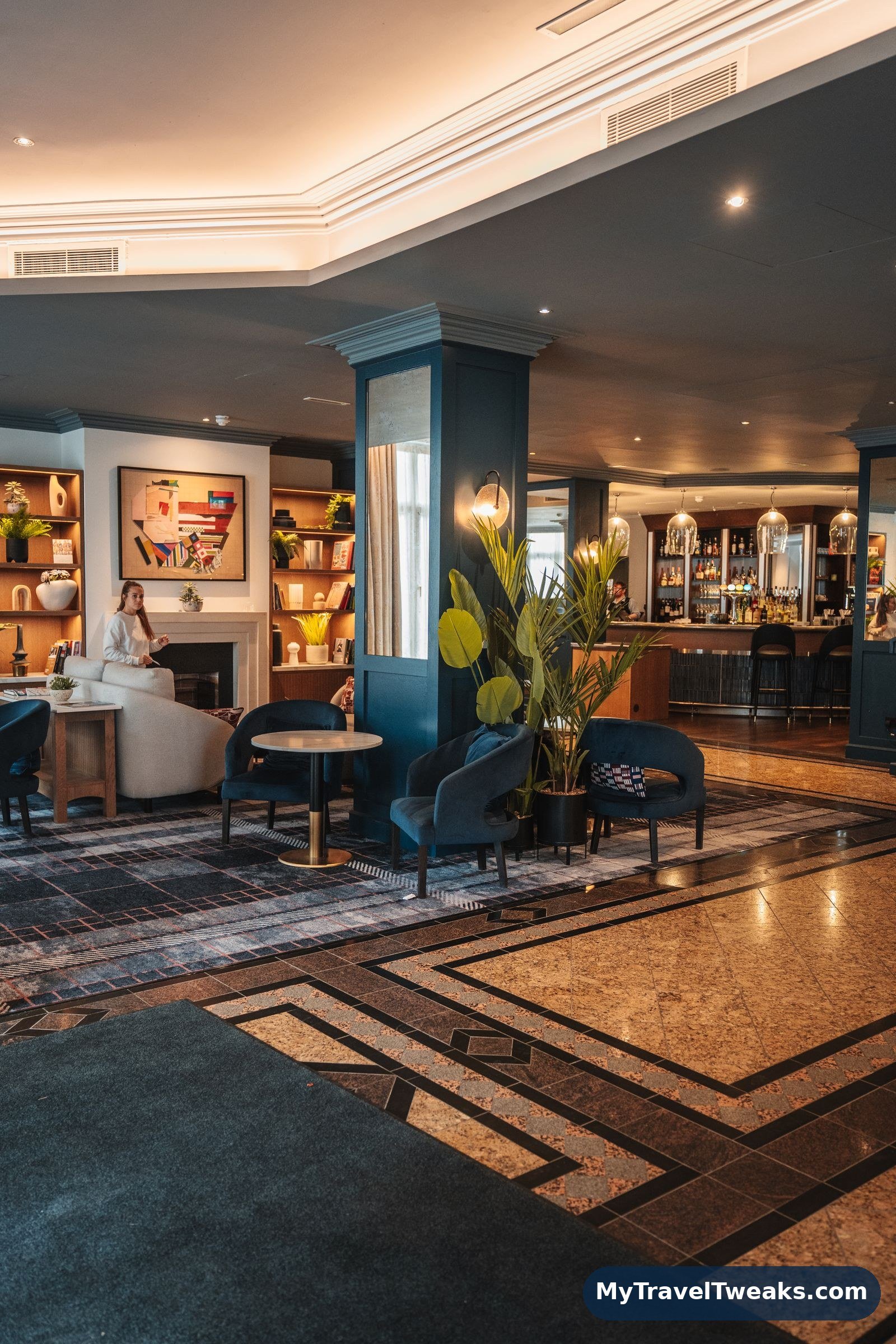 Modern hotel lounge with elegant seating and warm lighting