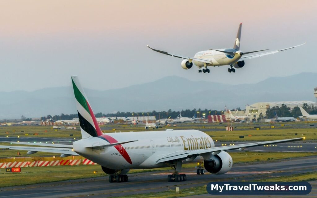 Two airliners on the runway at sunset — one route, two ways to book it