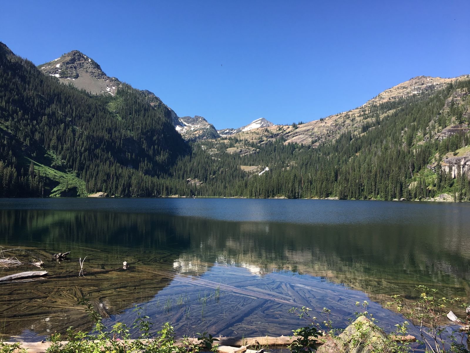 Calm mountain lake with forested shores under a clear sky